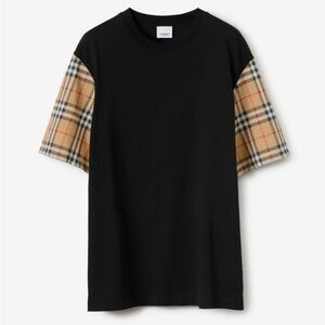 BURBERRY- Black T-Shirt with Check Sleeves